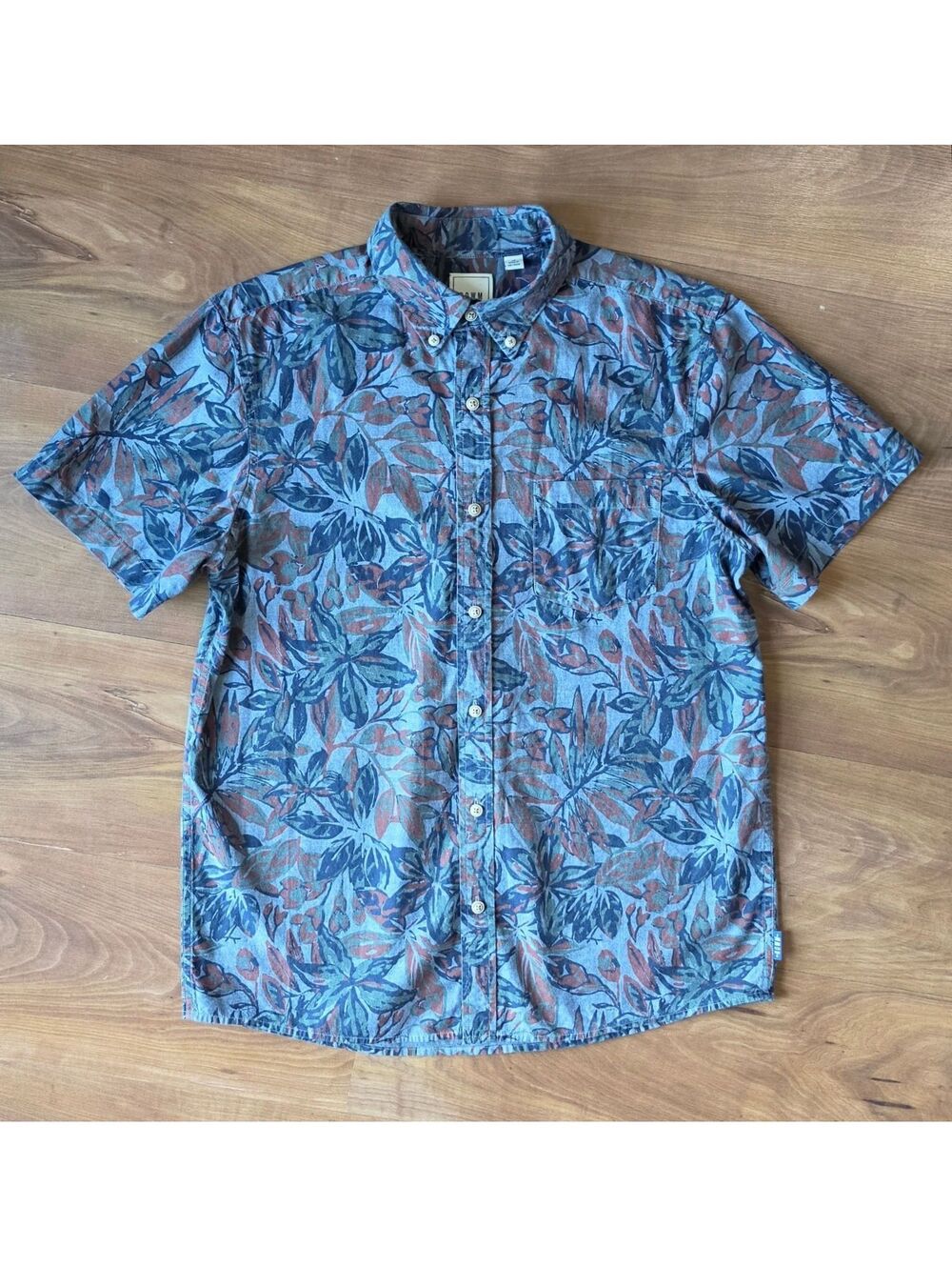 ROWM Men's Blue Leaf Print Button Down-Tropical Floral Casual Sport Shirt, Sz M